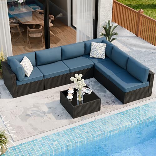 Shintenchi 7 Pieces Outdoor Patio Sectional Sofa Couch, Wicker Furniture Patio Conversation Sets with Washable Cushions & Coffee Table for Garden, Poolside, Backyard (Aegean Blue) Shintenchi