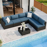 Shintenchi 7 Pieces Outdoor Patio Sectional Sofa Couch, Wicker Furniture Patio Conversation Sets with Washable Cushions & Coffee Table for Garden, Poolside, Backyard (Aegean Blue) Shintenchi