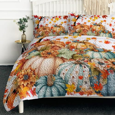BlessLiving Fall King Size Quilt Set: Soft Lightweight Colorful Pumpkin Printed Bedding Sets with 2 Pillowcases for All Season - Fall Flower Leaves Quilted Bedspread Coverlet for Women Adults Gifts BlessLiving