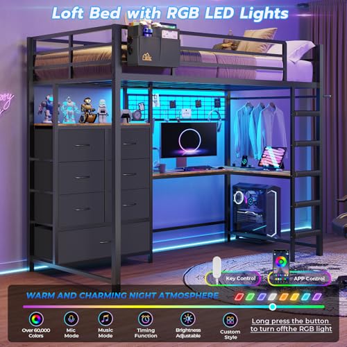 DICTAC Twin Loft Bed with L-Shaped Desk and 7 Storage Drawers,Metal Twin Size Loft Bed for Kids with LED Lights and Charging Station,13.11" H Safety Guardrail and Ladder,No Box Spring Needed, Black DICTAC