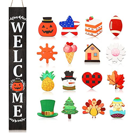 Welcome Sign for Front Door, Interchangeable Porch Sign Outdoor, Welcome Sign for Front Porch Decorations Outdoor, Wood Porch Sign with 16 Seasonal Icons for Decor (Black Backing) Jetec