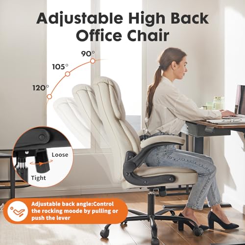 DUMOS PU Leather Office Chair - Ergonomic Executive Computer Desk Chairs with Adjustable Flip-up Armrest, Swivel Task Chair with Lumbar Support, Strong Metal Base, Cream White DUMOS