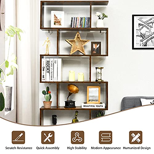 Tangkula 6-Tier S-Shaped Bookshelf - Stylish Rustic Brown Wooden Bookcase with Anti-Toppling Device