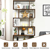 Tangkula 6-Tier S-Shaped Bookshelf - Stylish Rustic Brown Wooden Bookcase with Anti-Toppling Device Tangkula
