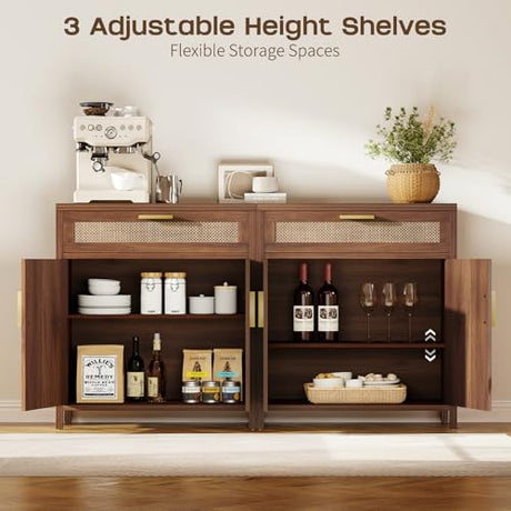 Curlaky Rattan Buffet Cabinet with Storage, Sideboard Cabinet with Doors and Shelves, Accent Coffee Bar with Drawers, Farmhouse Kitchen Storage Cabinets, Wood credenza for Entryway, Living Room Walnut Curlaky