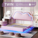 Jocisland LED Twin Bed Frame for Girls Upholstered Floating Bed with Cute Cloud Headboard, No Box Spring Needed, Leather, Pink Jocisland