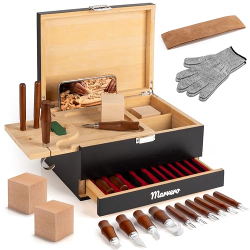 17-in-1 Wood Carving Kit - Wood Carving Tools Set -Wood Carving Knife Set, Whittling Knives Kit, Woodworking Kit Wood Carving Tools Set with Large Wood Boxes for Crafts (Black) Marvero