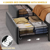 DWVO King Size Bed Frame with RGB LED Lights & Storage Bookcase Headboard, Upholstered Bed with Charging Station and 4 Drawers, No Box Spring Needed, Easy Assembly, Noise-Free, Velvet Grey DWVO