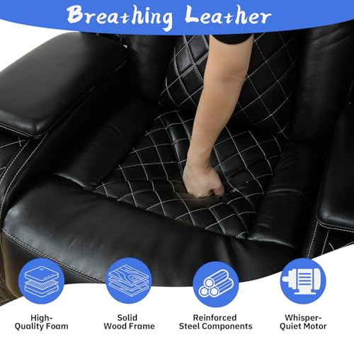 Saxum Tegmen Power Recliner Sofa Set, Living Room Furniture Sets, Leather Sectional Sofa Set with LED Lights, Cup Holders, Storage Console for Living Room/Home Theater (Black)