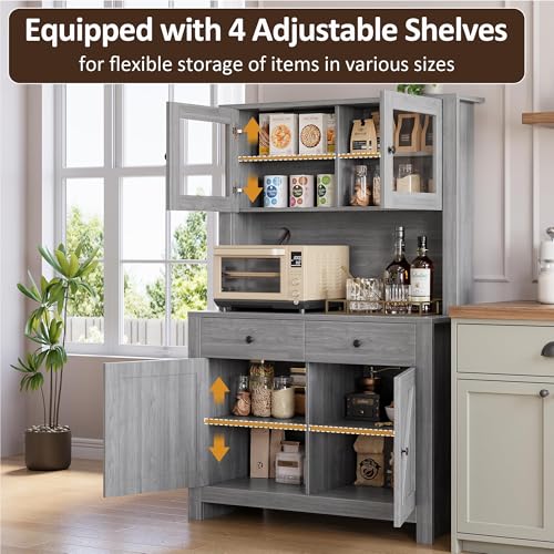 IDEALHOUSE 63" Kitchen Pantry Cabinet with Drawers, Hutch Cabinet with Storage, Microwave Stand, Adjustable Shelves, Freestanding Tall Pantry Storage for Dining Room, Living Room, Grey IDEALHOUSE