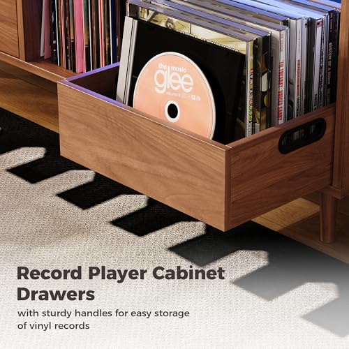 IRONCK Mid Century Modern Record Player Stand, Holds 1000+ Vinyl Records with 2 Drawers, Large Turntable Stand with Charging Station & LED Light, Suitable for Living Room & Entertainment Room, Brown IRONCK