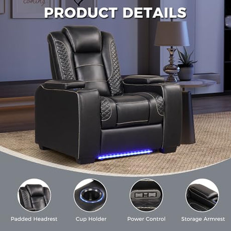 EBELLO Power Home Theater Seating, Electric Gaming Recliner Chair with Adjustable Headrest, Faux Leather Movie Reclining Chairs with Cup Holders LED Lights,USB Port,Hidden Arm Storage, Black EBELLO