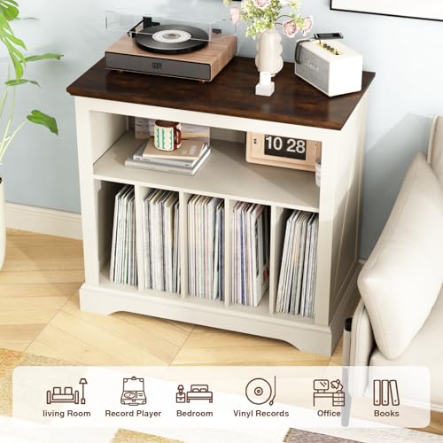RowyPoey Large Farmhouse Record Player Stand, Turntable Stand with Vinyl Storage, Wood Record Holder Storage Cabinet Dispaly Shelf for Living Room, Bedroom, Office, Antique White RowyPoey
