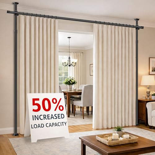 AJAZZ Room Divider Curtain Rod, No Drilling Room Separator for Space Partition Adjustable (H) 43-120×(W) 35-100 inch Heavy Duty Temporary Wall Divider Floor to Ceiling Tension Rod, Black AJAZZ