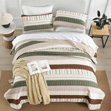DJY Striped Quilt Set Twin Size, Boho Brown Green Striped Bedspread Coverlet Set Soft Microfiber Patchwork Quilt Bedding Set 3 Pieces for All Season(86"x68") DJY