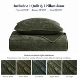 PHF Luxury Velvet Quilt Set Twin Size – 2PCS Ultra Soft Quilted Comforter Alternative with Striped Channel, Cozy Quilted Bedspread, 1 Coverlet with 1 Matching Sham, 68" x 92", Smokey Olive PHF