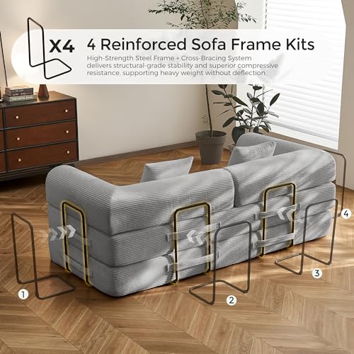 SAVENICA 79" Convertible Floor Sofa Bed, 5-in-1 Modular Sleeper with Removable Parts, No Assembly Corduroy Futon from Sofa to Oversized Bed, Non-Slip Base for Living Room, Dorm (Light Gray) SAVENICA