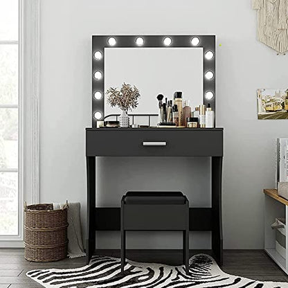 Titoni Vanity Desk, Makeup Vanity Desk Storage with Mirror, Lights for Bedroom (Black)