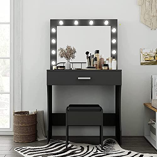 Titoni Vanity Desk, Makeup Vanity Desk Storage with Mirror, Lights for Bedroom (Black) - WoodArtSupply