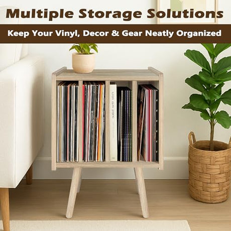 Record Player Stand, Vinyl Record Storage Table with 4 Cabinet, Mid Century Modern Turntable Stand, Organizer Vinyl Table for Bedroom Living Room, White Oak Montex