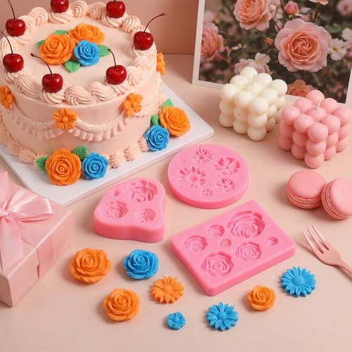 3 PCS Flower Molds Silicone 3D Cute Flower Candle Molds Silicone Fondant Chocolate Cake Decorating Mold Rose & Daisy Flowers Silicon Mold for Wedding Cake Decorating Tools Home Décor Handmade Gift
