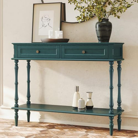 ARTPOWER Console Table for Entryway with 2 Drawers-Minimal Assembly,Green Retro Entryway Table with Storage Cabinets and Open Shelf,Narrow Long Couch Table Behind Sofa for Living Room,Foyer,Hallway ARTPOWER
