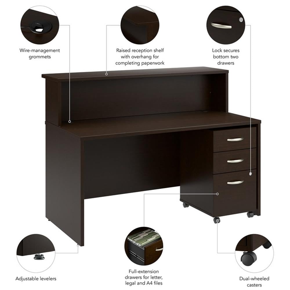 Bush Business Furniture Arrive 60W x 30D Reception Desk with Shelf and Mobile File Cabinet in Mocha Cherry Bush Furniture