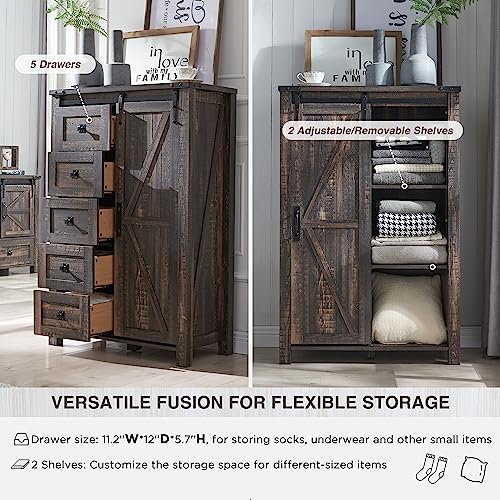 T4TREAM 5 Drawers Dresser for Bedroom w/Sliding Barn Door, Farmhouse Modern Tall Dresser 5 Chest of Drawers, Storage Organizer Dresser for Bedroom, Hallway, Living Room, Kids Room, Dark Rustic Oak T4TREAM