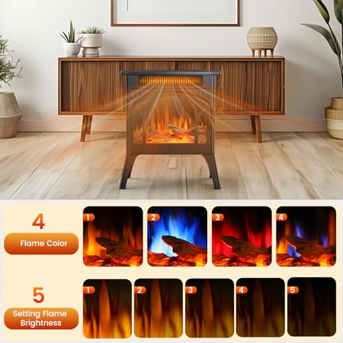Electric Fireplace Stove, 1500W, Fast Heating, X Infrared Fireplace Heater with Remote Control, 8H Timer, Freestanding Stove with Adjustable 3D Flame Overheat Protection, Indoor Fireplace Electactic