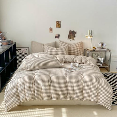 Nayoroom Gingham Duvet Cover Twin Size Brown Tan Plaid Checkered Comforter Cover Grid Farmhouse Bedding Set 2 Pcs Soft Breathable Washed Microfiber Gifts for Women Men Nayoroom