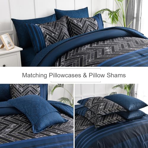 Luxudecor Navy Blue Comforter Set King Size, 7 Pieces Stripe Geometric Bed in a Bag, Soft Microfiber Navy Comforter and Sheet Set Complete Bedding Sets for All Seasons 104"×90" Luxudecor