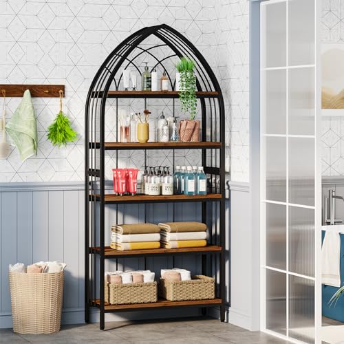 Tribesigns Rustic Brown & Black 74.8-Inch 5-Tier Industrial Curved Bookshelf Set of 2 Tribesigns