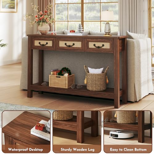 HUAHUU 47.2" Console Table with 3 Rattan Drawers, Long Sofa Table with Storage Behind Couch, Farmhouse Entryway Table with Power Outlet & Open Storage for Entrance/Hallway/Foyer/Living Room, Walnut HUAHUU