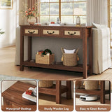 HUAHUU 47.2" Console Table with 3 Rattan Drawers, Long Sofa Table with Storage Behind Couch, Farmhouse Entryway Table with Power Outlet & Open Storage for Entrance/Hallway/Foyer/Living Room, Walnut HUAHUU