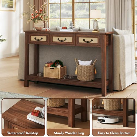 HUAHUU 47.2" Console Table with 3 Rattan Drawers, Long Sofa Table with Storage Behind Couch, Farmhouse Entryway Table with Power Outlet & Open Storage for Entrance/Hallway/Foyer/Living Room, Walnut HUAHUU
