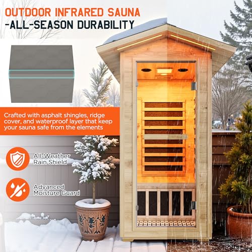 Albott Outdoor Sauna 1 Person, Infrared Saunas for Home, Low EMF 110V Spruce Wood Dry Sauna with Tourmaline Stone Foot Warmer, 7-Color Light Therapy & 2 Bluetooth Speakers, 33.5"x35.4"x78.7" Albott