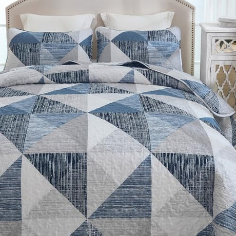 Dintszyayue King Size Quilt Blue, 3 Pieces Patchwork Bedspread Bedding for King Size Bed, Soft Lightweight Microfiber Geometric Coverlet Set for All Season Quilts with 2 Pillowcases Dintszyayue