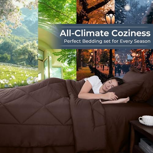 HEVUMYI Brown Queen Comforter Set - 7-Piece All Season Bed in a Bag Queen, Ultra Soft Bedding Set with Comforter, Flat Sheet, Fitted Sheet, Pillowcases, Pillow Shams HEVUMYI