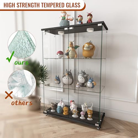 WHLIHUSU Glass Display Cabinet with LED Lights - Curio Cabinet with Glass Doors for Collectibles, Quick Assembly, Tempered Bookshelf, for Living Room and Bedrooms, 2-Door 3-Shelfs, White WHLIHUSU