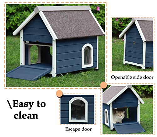 Rockever Outdoor Cat House, Cat House for Outdoor Cats Feral Cat House with Escape Door and Clear Windows for 2 Cats (Modern, Blue) - WoodArtSupply