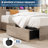 GarveeHome Full Size Bed Frame with High Storage Bookcase Headboard, Wood Bed Frame with 4 Storage Drawers, Built in Charging Station, No Box Spring Needed, Metal Frame, Noise-Free, Grey GarveeHome