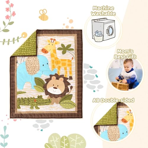 Wowelife Safari Crib Bedding Set, Mini Crib Bedding Set Boy 3-Piece Mini Crib Comforter Set, Nursery Bedding Sets for Boys Include Crib Comforter, Skirt and Sheet, Brown Wowelife