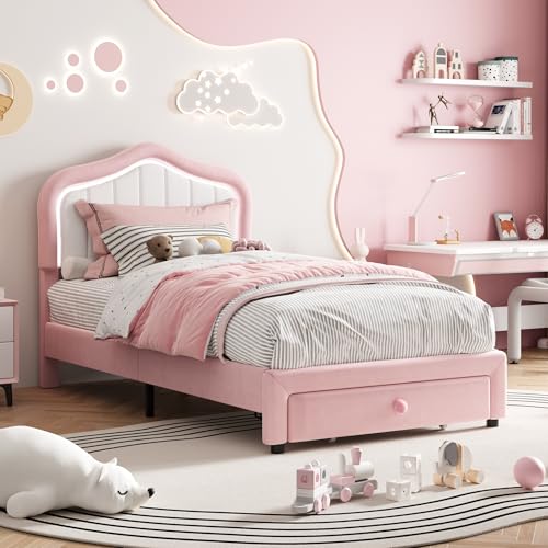 GAOMON Upholstered Twin Size LED Bed Frame with Storage Drawer, Velvet Princess Platform Bed Frame for Kids/Girls, Wooden Slats Support, No Box Spring Needed, Easy Assembly, Pink GAOMON