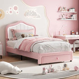 GAOMON Upholstered Twin Size LED Bed Frame with Storage Drawer, Velvet Princess Platform Bed Frame for Kids/Girls, Wooden Slats Support, No Box Spring Needed, Easy Assembly, Pink GAOMON