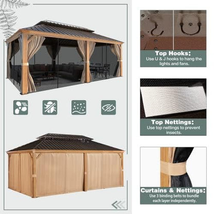 MELLCOM 12' X 20' Hardtop Gazebo, Wooden Finish Coated Aluminum Frame Gazebo with Galvanized Steel Double Roof, Brown Metal Gazebo with Curtains and - WoodArtSupply