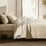 Wonderful Natural Linen Cotton Quilt - Skin-Friendly Breathable & Hypoallergenic Quilt King, 3 Piece Wavy Box Stitched Linen Bedding Set, All-Season Use Bedspread & Coverlet Bedding, 104"x94" Wonderful