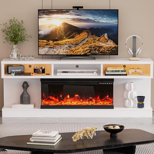 Spurgehom Fireplace TV Stand with 34" 3-Sided Electric Fireplace, Led Light Entertainment Center, TV Console with Storage, Media Console for TVs up to 80", TV Cabinet for Living Room (White) Spurgehom