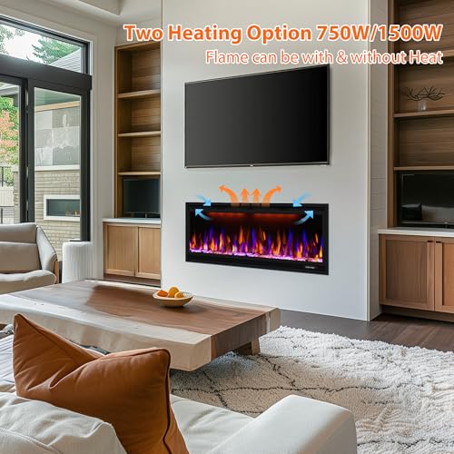 42 inch Smart Electric Fireplace with App Control, Wall Mount & in Wall recessed Fireplace Inserts, Multicolor Flame w/Realistic Log &Crystals, Overheating Protection and Timer, 750W/1500W, Black Dreamflame