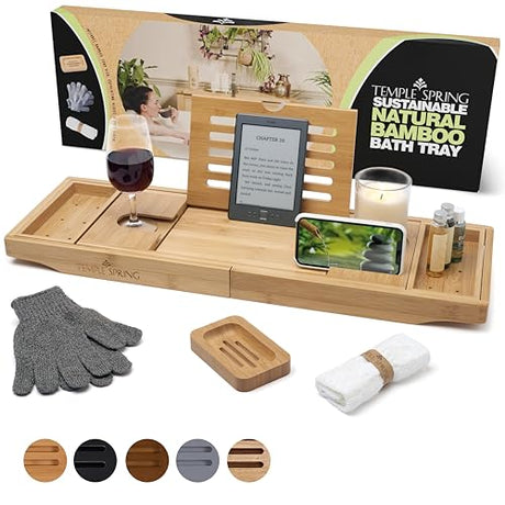 Temple Spring Bathtub Tray -Bamboo Luxury Bathroom Accessories-Bath Spa Gifts for Women & Men-Bath Tray for Bathroom Essentials-Bath Caddy Bath Tray for Tub-Wooden Tray for Bathtub Accessories-Natural Temple Spring
