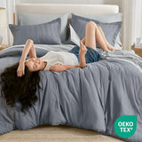 Madison Park Essentials Striped Comforter Set King, 7 Pieces Modern Minimalist Jacquard Bedding Set for All Season, Bed in A Bag with Sheet Set and Soft Brushed Reverse, Lightweight Blue/Grey Madison Park Essentials